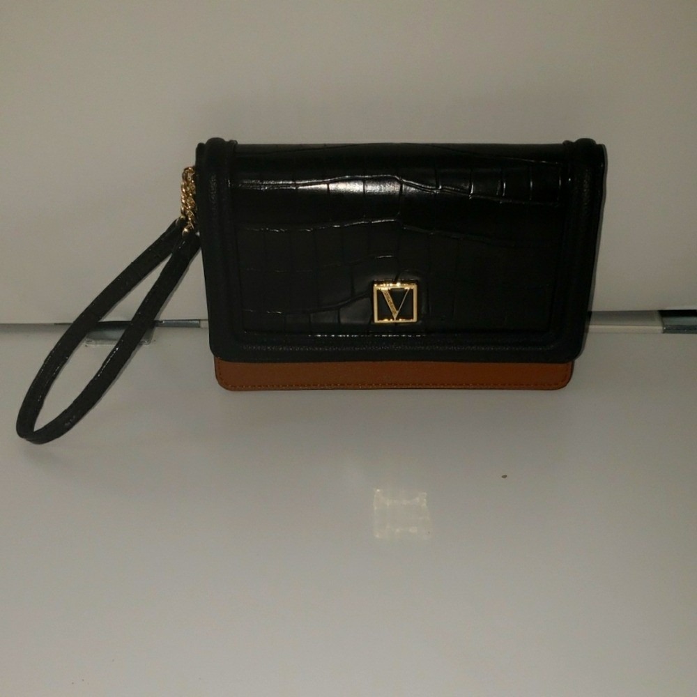 Victoria Secrect Black and Brown Croc-Embossed Clutch Wallet Zipper/Card‎ Slots